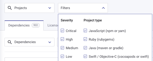 Select Projects and filters