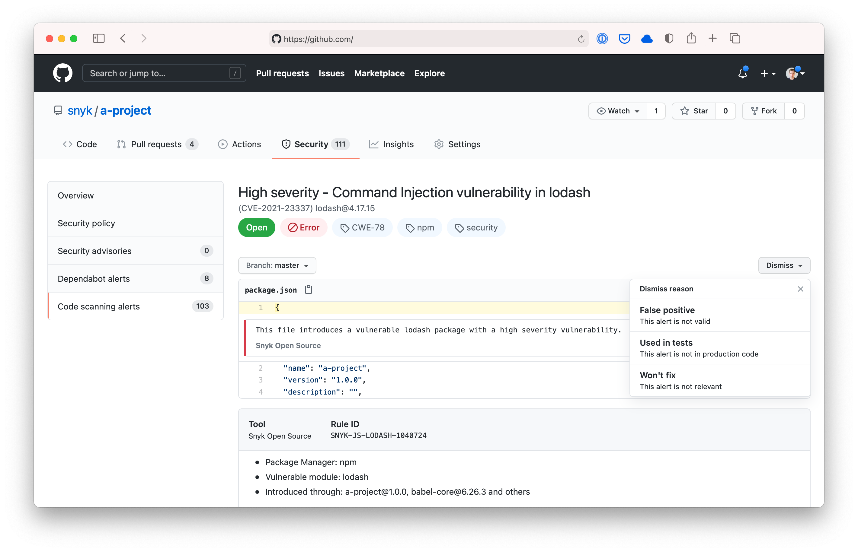 GitHub Security tab showing uploaded vulnerability