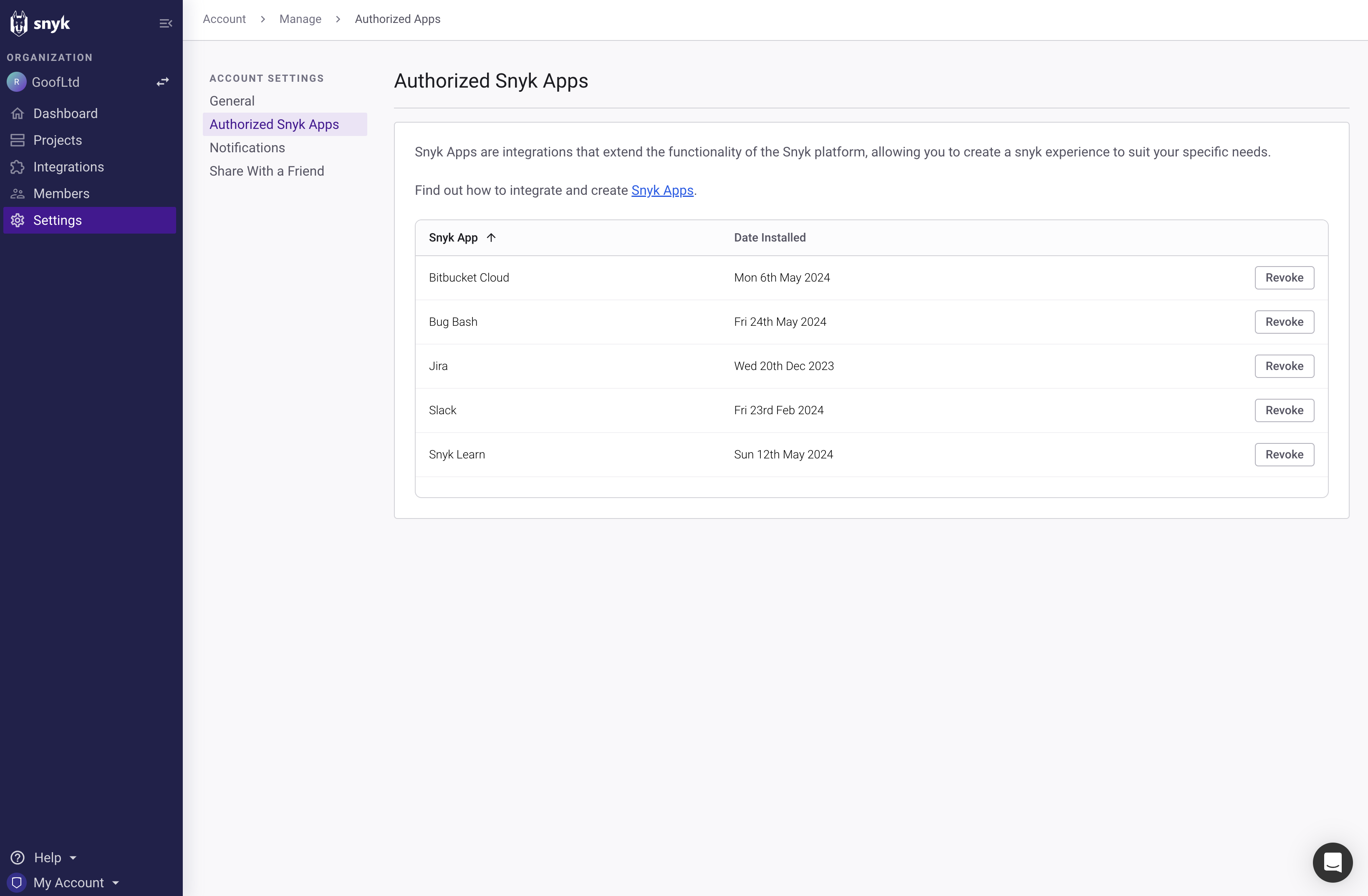 Snyk Apps management UI