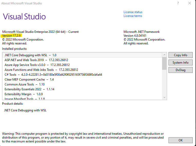 Visual Studio verson information