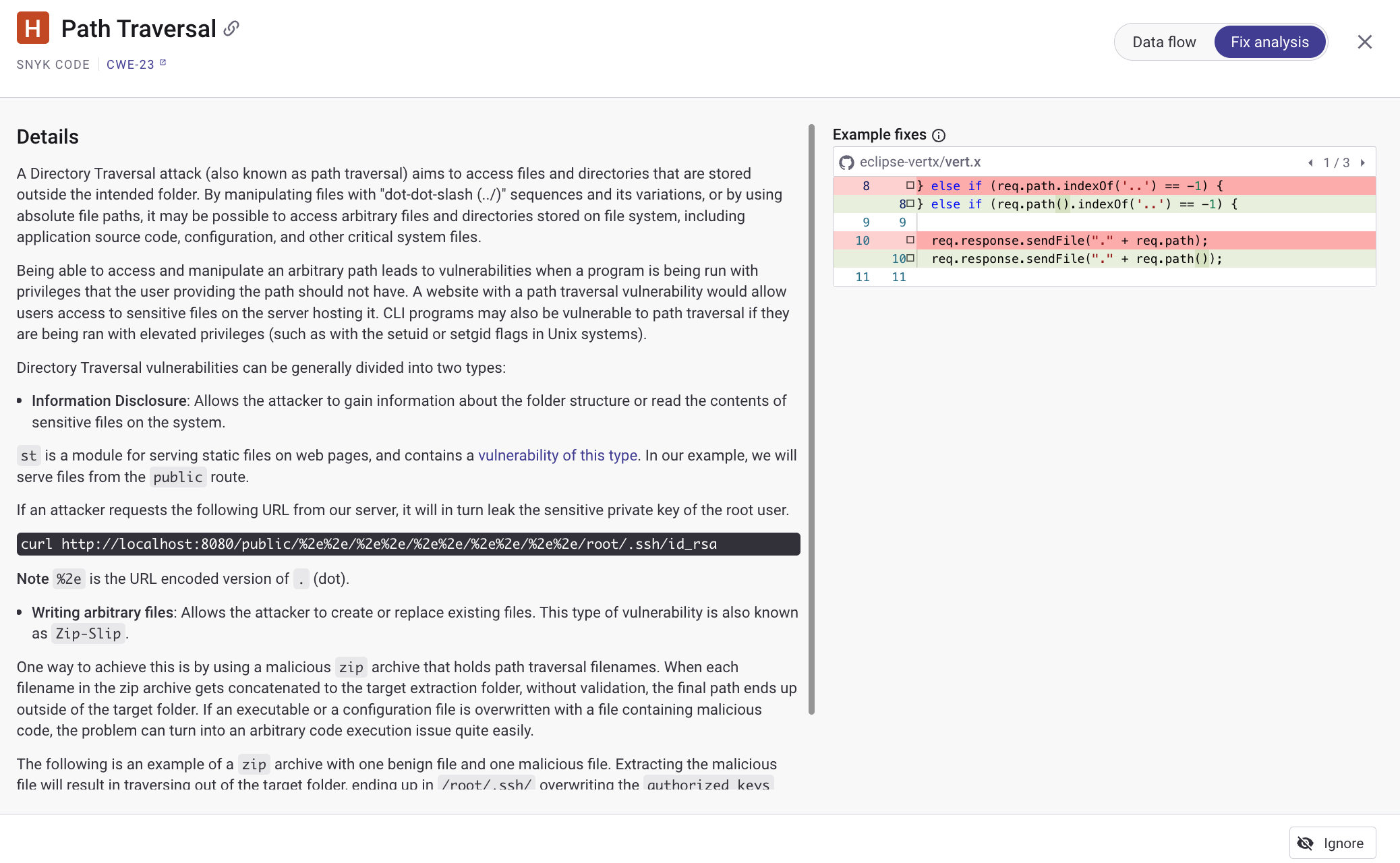 Fis analysis page for Path Traversal vulnerability