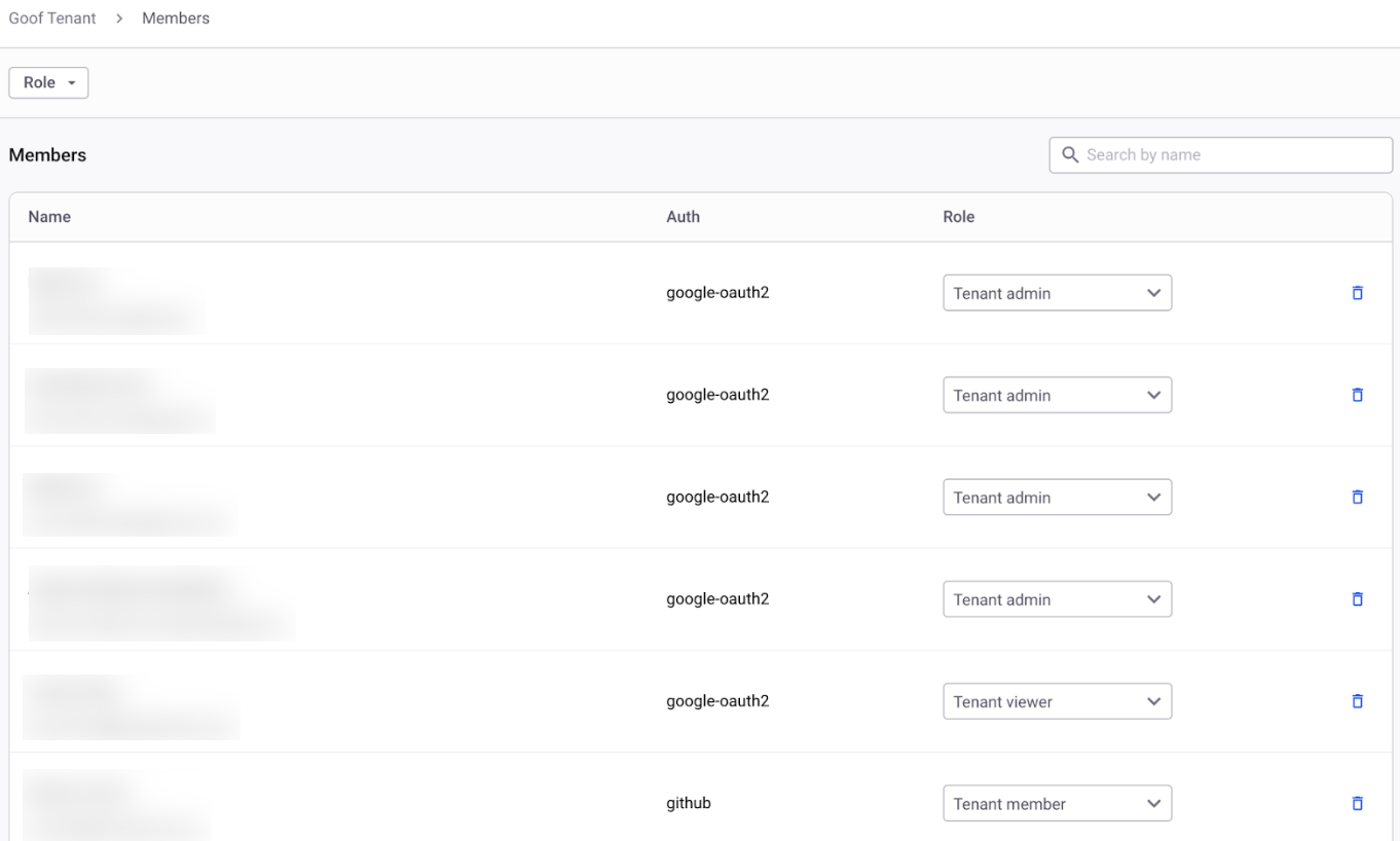 Tenant member management list with assigned roles