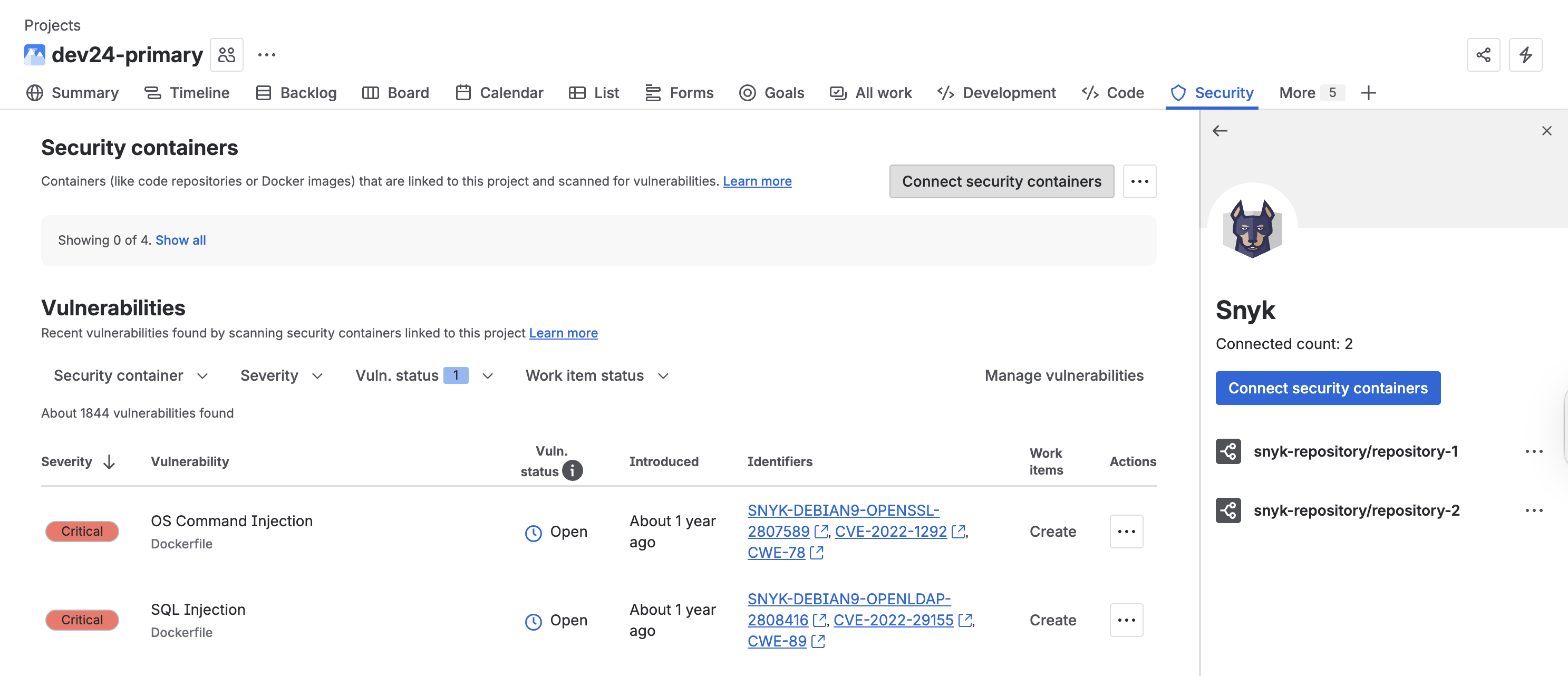 Connect security containers in Jira via the Security tab and panels