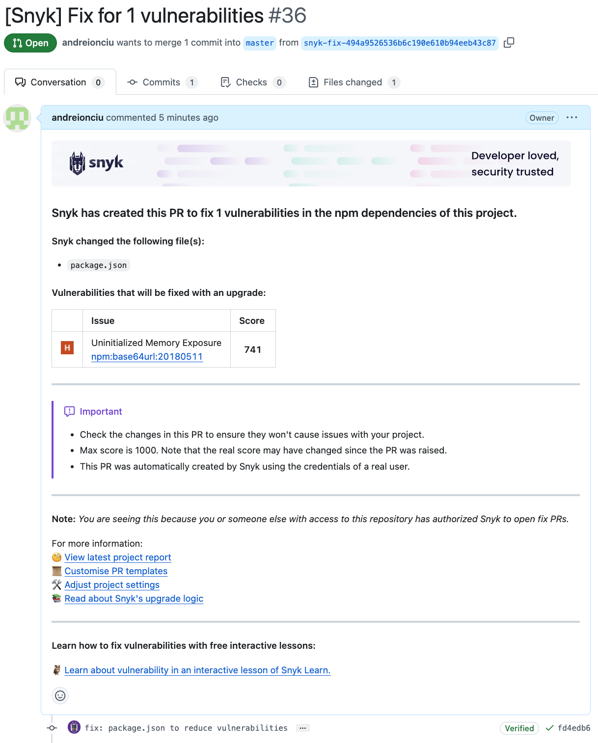 Snyk conversation card in GitHub reporting PR raised