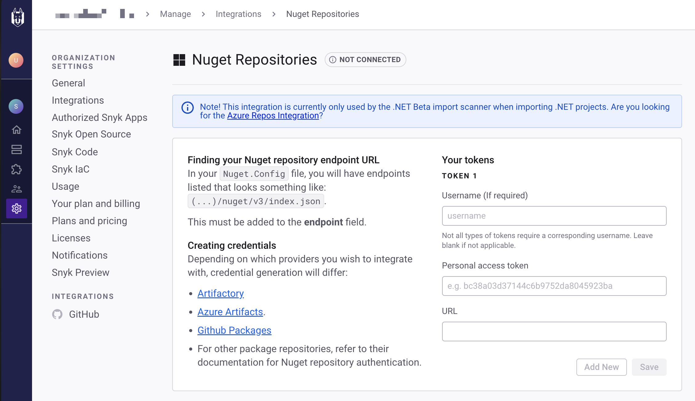 Set up Nuget Repositories from the Settings, Integrations screen