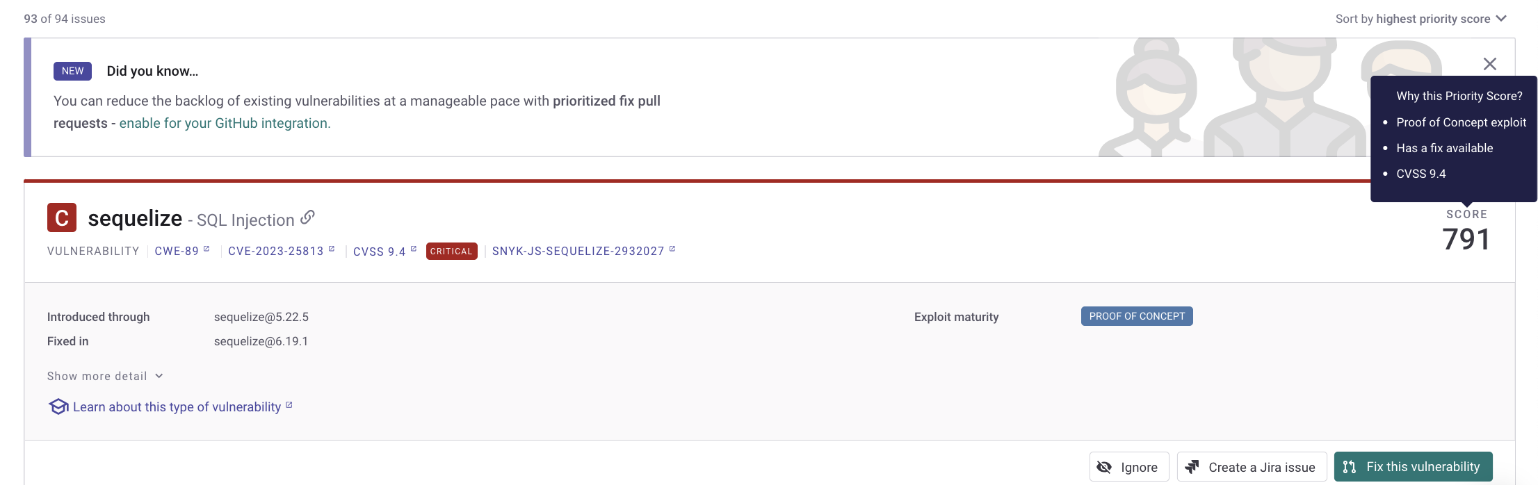 Snyk Priority Score in a Project view