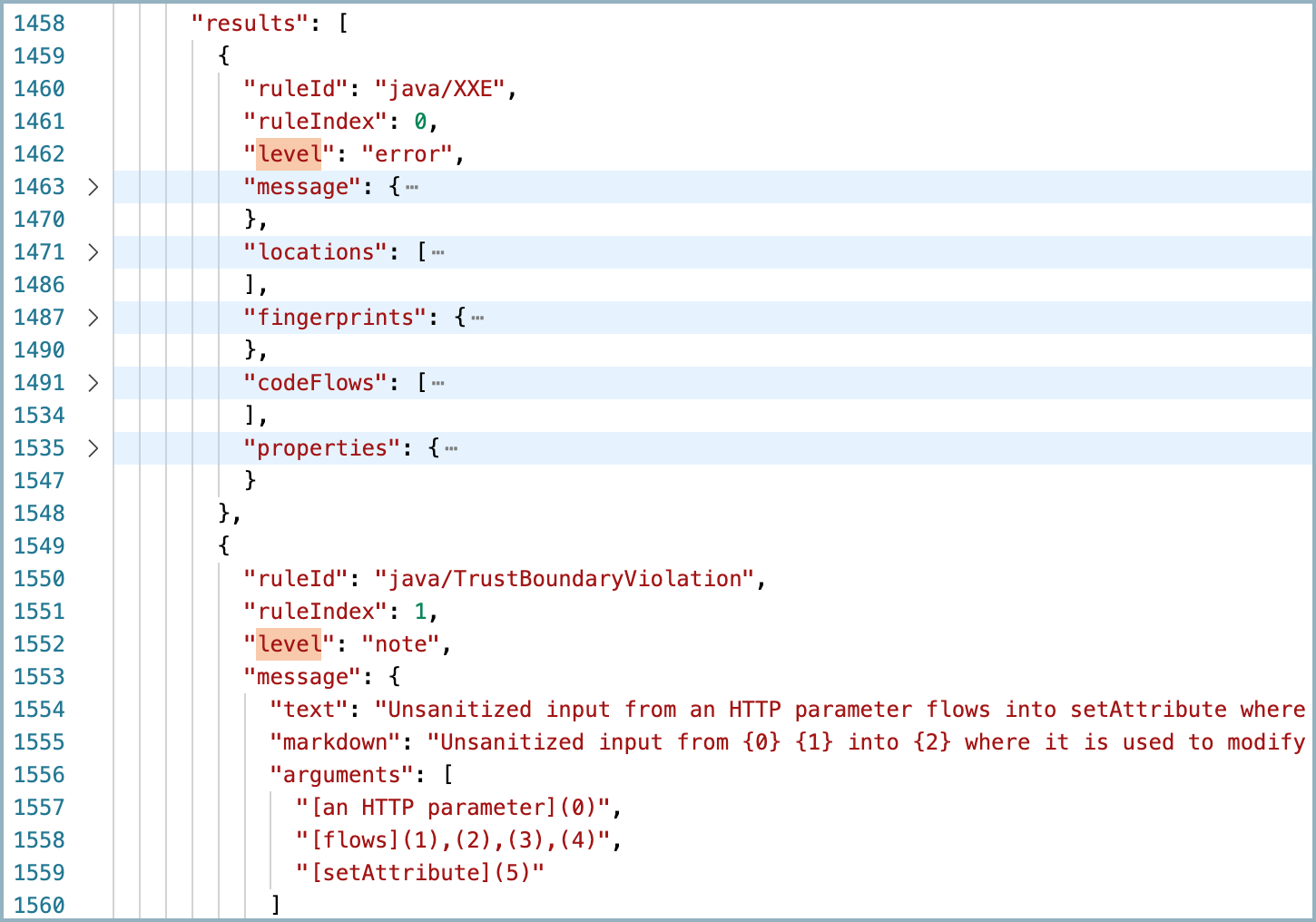 High and low severity levels in JSON or SARIF file