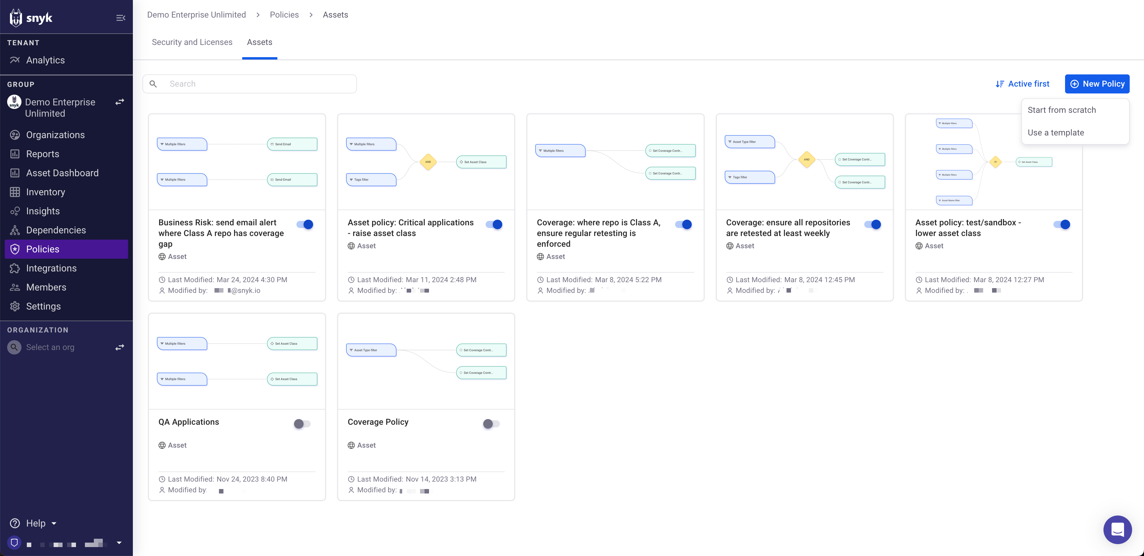 Policy view, New policy button with the Start from scratch and Use a template options