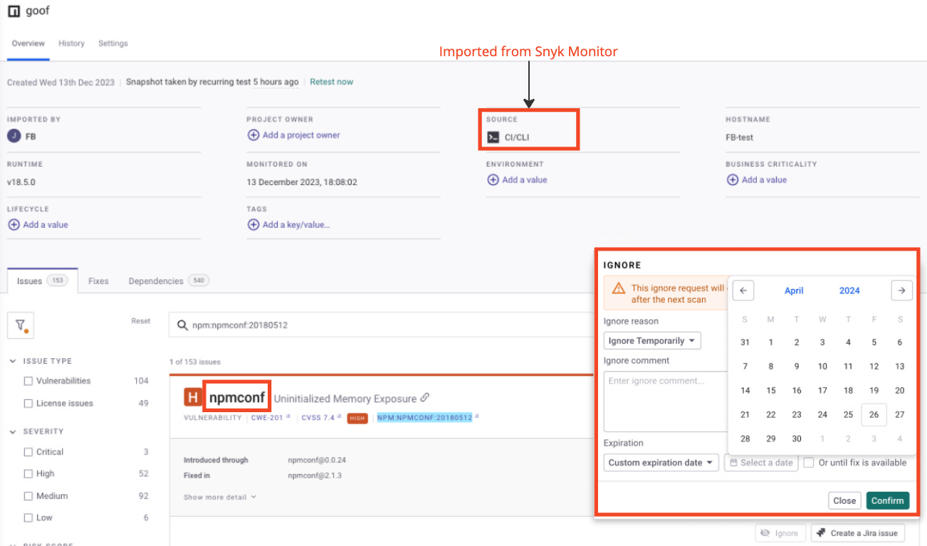 Project imported by snyk monitor, ignore set in the Web UI