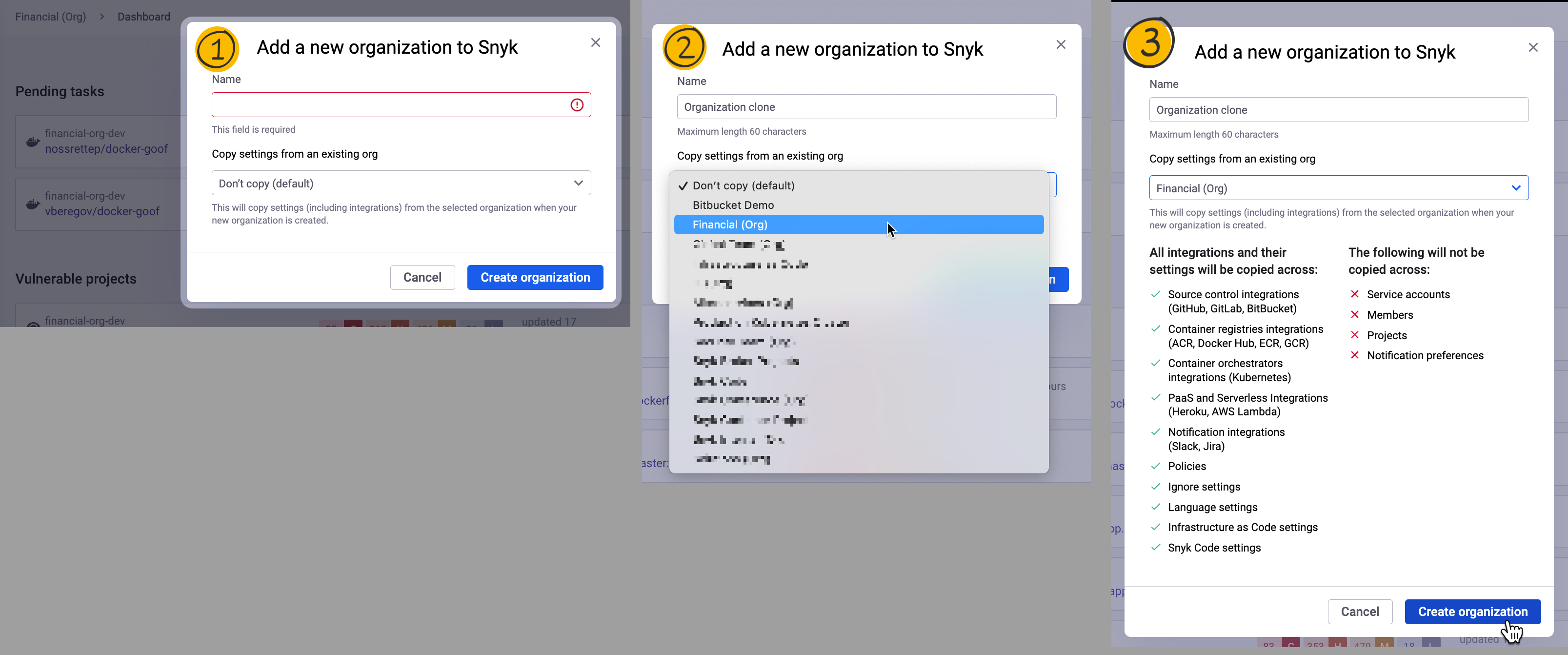 Review summary of what will be copied to the new Organization and Create