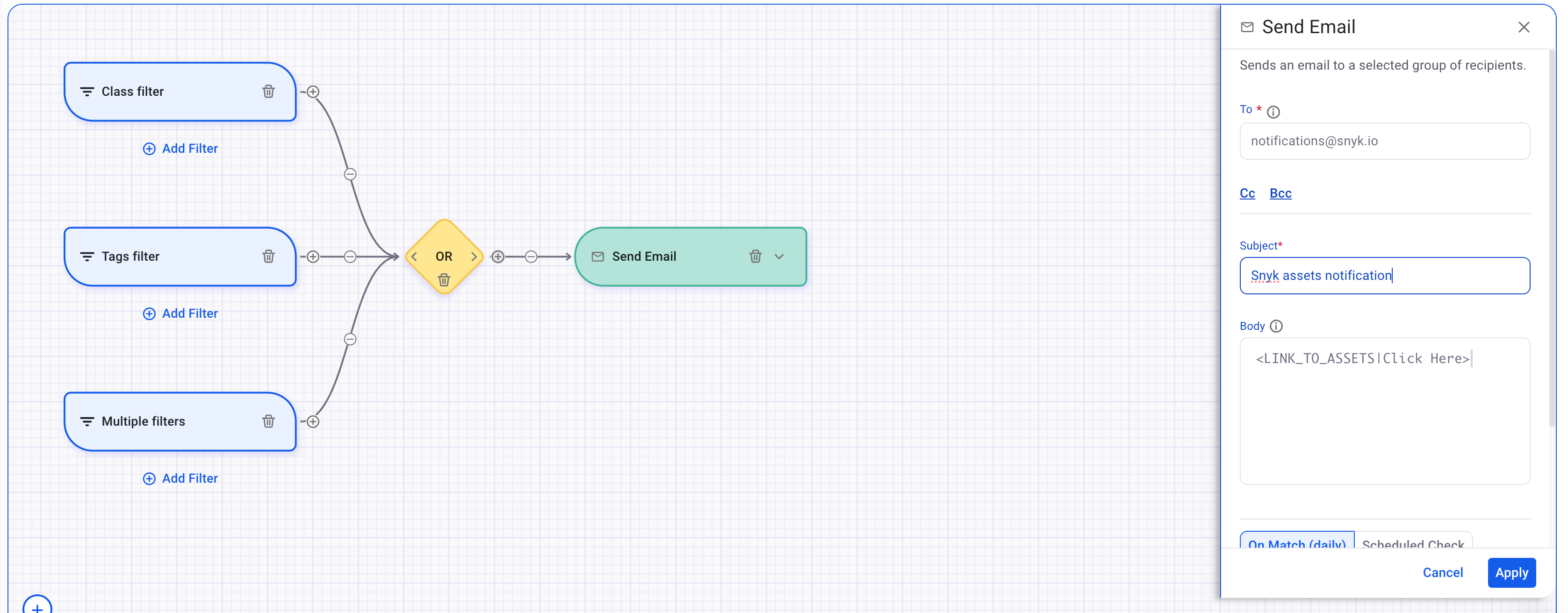 Snyk AppRisk - Set up the Links to Assets option from the Send Email action