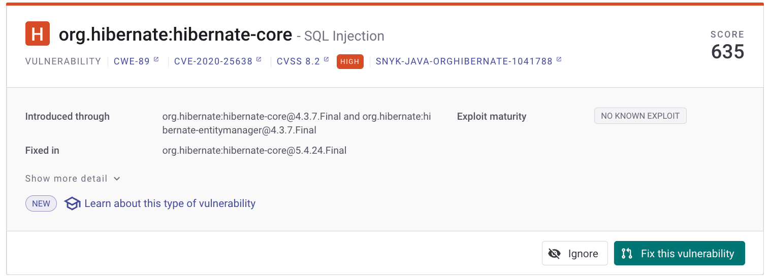 Click Ignore to ignore a vulnerability